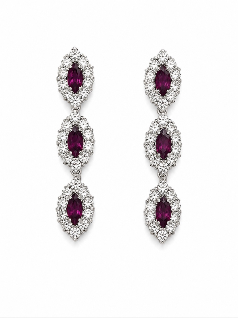 Purple Marquise Crystal Halo Triple Drop Statement Earrings